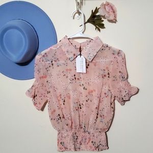 NWT Pink Floral Collared Sheer Crop Top Size S Small Loveshackfancy vibes